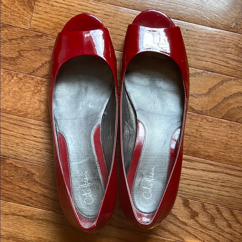 Cole Haan Olivia K Red Flats Glossy Patent Leather open toe wedge